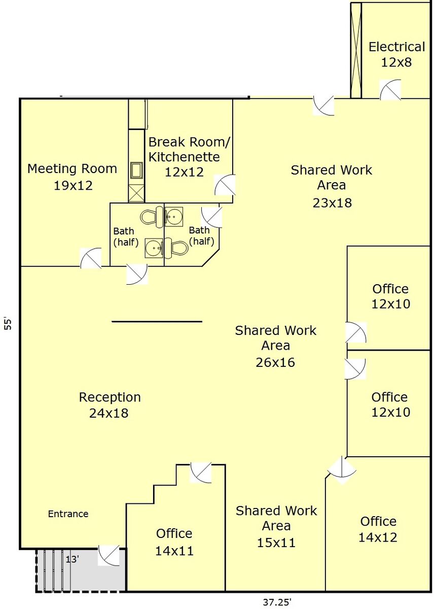 Floor plan for 3,222 SF creative office space at 1305 NW 18th Ave Slabtown Portland with room dimensions